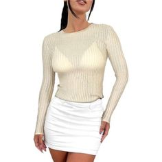 100% Wool Pull On Closure [Sheer Mesh Knit]: This Women's Sweater Stands Out With Its See-Through Sheer Mesh Knit Design, Adding A Touch Of Sophistication And Elegance To Any Outfit. It Allows You To Show Off A Hint Of Skin While Still Maintaining Modesty. [Style The Sheer Tops]: Add A Decent Lingerie, Fitted Tank Top Or Camisole (E.G. A Waist-Length Lingerie...) And Feel Comfortable And Confident In Your Outfit.The Solid Color And Loose Fit Make This Top A Fashionable And Essential Wardrobe Staple, Offering Countless Styling Possibilities. [Comfortable And Breathable]: The Knitted Fabric Provides Excellent Breathability, Allowing You To Stay Cool And Comfortable All Day Long. The Loose Fitted Knitted Beige Tops, Fitted Beige Knitted Tops, Beige Fitted Crew Neck Sweater, Fitted Beige Crew Neck Sweater, Fitted Ribbed Sweater For Spring, Fitted Beige Pointelle Knit Top, Spring Fitted Ribbed Sweater, Fitted Beige Knit Top, Cream Stretch Sweater For Spring