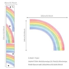 the rainbow wall sticker is shown with measurements for each piece and it's height