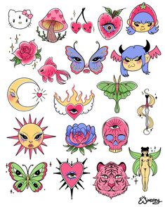 an assortment of tattoos with different designs and colors on the back of each tattoo sheet