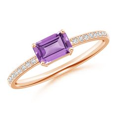 In the middle of a sleek diamond encrusted band is an emerald cut amethyst mounted in a horizontal setting. The diamonds are embellished in a pavé style and splendidly complement the scintillating purple center stone. This elegant east west amethyst ring in 14K rose gold has an enticingly understated charm. Girls Ring, February Birthstone Jewelry, Gold For Women, Diamond Solitaire Ring, Gift For Her Birthday, February Birthstone, Rings For Girls, Diamond Solitaire Rings, February Birth Stone