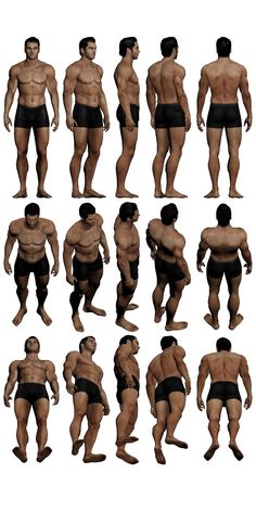 multiple images of men in swimsuits standing and sitting on their knees, facing the same direction