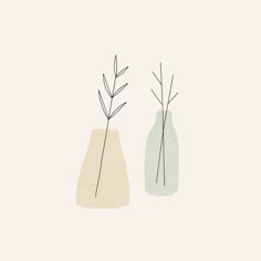 two vases with plants in them sitting side by side on a light colored background