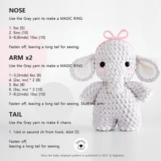 a crocheted stuffed elephant with instructions for how to sew the ears and tail