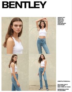 a woman in white shirt and jeans standing next to a wall with her hands on her head