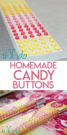 homemade candy buttons are shown on the bottom and bottom of this diy craft project