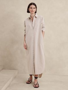 Poplin Maxi Shirtdress | Banana Republic Factory Shirtdress Styling, Dresses For Women Classy, Long Linen Dresses, Beige Shirt Dress, Shirt Dress Fall, Mommy Fashion, Greece Outfit, Shirt Dress Outfit, Dresses Formal Elegant