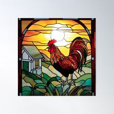 a stained glass window with a rooster standing in front of the sun poster print by design express