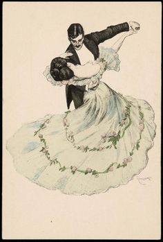 an illustration of a man and woman in formal dress dancing together with flowers on the skirt