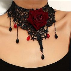 Truly Stunning Lace Choker Measurement Are In The Photos Will Be Carefully Packed In Boutique Packaging Buy With Confidence From A 5 Start Poshmark Seller For Over 7 Years With Excellent Reviews Vampiric Jewelry, Gothic Vampire Women, Black And Red Jewelry, Vampire Choker, Genshin Clothes, Red And Black Necklace, Victorian Goth Fashion, Creepy Jewelry, Occult Jewelry