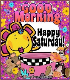 an image of a happy saturday card with a flower on the cup and flowers in the background