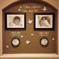 there are two clocks on the mantle with pictures and butterflies around them that say it is 3 o'clock