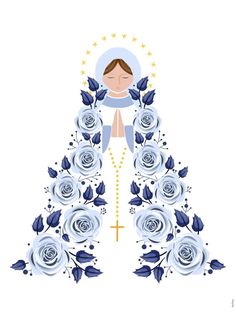 an image of the virgin mary with roses in her hands and blue leaves on it