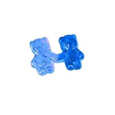 two blue gummy bears sitting next to each other on a white surface with one bear holding the other's hand