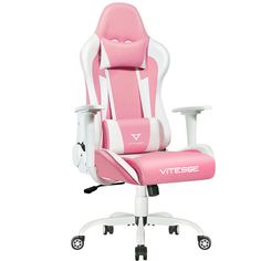 a pink and white office chair sitting on top of a white base with the word vitesse written on it