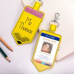 [UNIQUE DESIGN]: Want to add some sparkle to your plain ID? This stylish glittery personalized badge holder is what you're looking for to keep your ID close at hand. It's made with glitter and vinyl on both sides, with a clear vinyl pouch on the back to hold your ID. [PERFECT GIFT]: It is a gift for friends, family members, and lovers who are teachers so that they can easily carry their ID holders and focus on their work better. Of course, they can also be bought for themselves, the cute pencil Cheap Badge Holders With Key Clip For Gift, Cheap Fun Multicolor Badge Holders, Cheap Cute Badge Holders For School, Cheap Handmade Badge Holders For Personal Use, Cheap Round Badge Holders As Gift, Teacher Badge Ideas, Daycare Names, Teacher Badge Holder, Vinyl Pouch