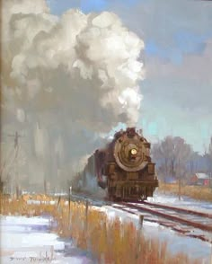 an oil painting of a steam train coming down the tracks with snow on the ground