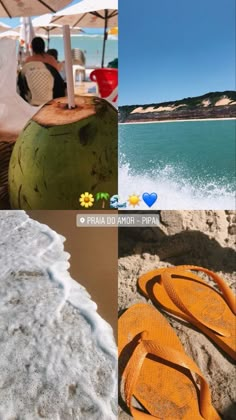 a collage of photos with sandals and water