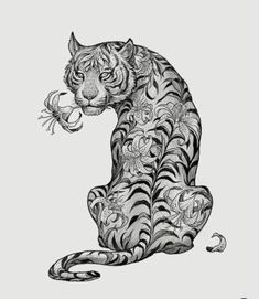 an ink drawing of a tiger sitting on its hind legs and holding a flower in it's mouth