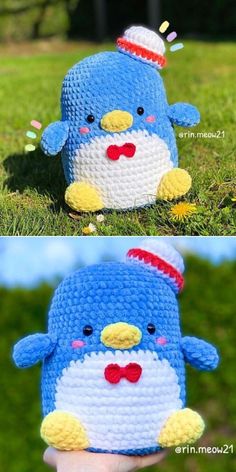 crocheted stuffed penguin is shown in two different photos, one has a red and white hat on it's head