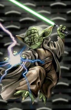 an image of yoda holding a light saber in one hand and lightning coming out of the other