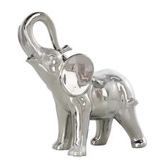 an elephant figurine is shown on a white background and it's shiny silver