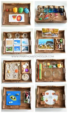 wooden trays filled with pictures and magnets