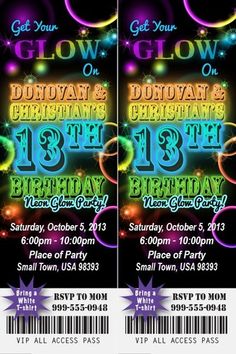 two tickets for glow in the dark birthday party