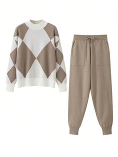 Autumn Winter Women Sweater Set Knit Pant Tracksuit Khaki Casual  Long Sleeve Knitted Fabric Colorblock,Geometric,Striped Pants Medium Stretch Fall/Winter Women Clothing, size features are:Bust: ,Length: ,Sleeve Length: Winter Tracksuits For Women, Winter Women Sweater, Bow Tie Pants, Women Sweaters Winter, Pullover Outfit, Women Sweater, Sweater Set, Knit Pants, Kids Sleepwear