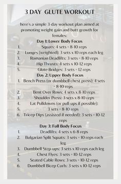 the 3 day glute workout plan is shown with instructions for how to do it