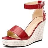 Amazon.com | Alexis Leroy Women's Summer T-Straps Buckle Design Fashion Wedge Heel Sandals Red 9-9.5 M US | Platforms & Wedges