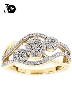 two tone gold and white diamond ring with swirl design on the band, set in 18k