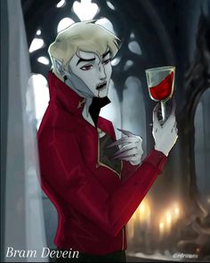 a man holding a wine glass in front of his face with blood dripping from it