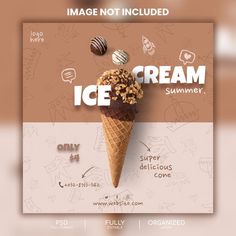 an ice cream advertisement with chocolate and nuts on it's cone, in front of a brown background