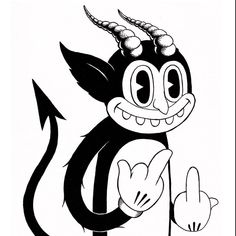 a black and white drawing of a monkey with horns on it's head, pointing to