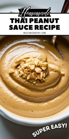 a bowl filled with peanut sauce and topped with peanuts