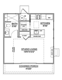 the floor plan for a studio apartment with an attached bathroom and living room, as well as