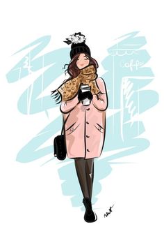 a woman in a pink coat is holding a coffee cup