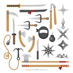 an assortment of different types of knives and other items on a white background with clippings