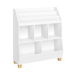 a white bookcase with four compartments and two wooden legs in front of a white background