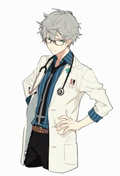 an anime character wearing a white lab coat and black pants, standing with his hands on his hips