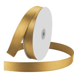 a roll of gold satin ribbon on a white background, with one side rolled up