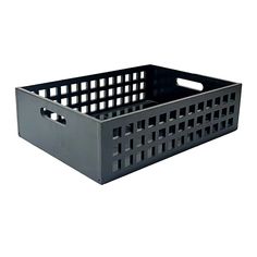 a black plastic basket with holes on the sides and handles, for storage or organization