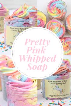 pretty pink whipped soap with sprinkles and rainbow colors in jars on a table