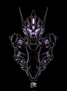 a stylized image of a robot with purple lights on it's head and arms