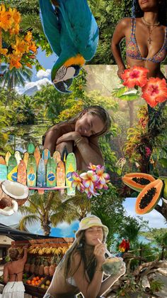 the collage has pictures of women in bikinis and tropical trees, with flowers