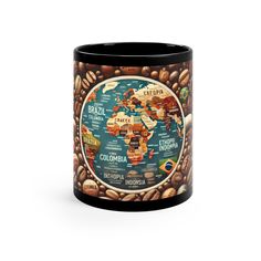 a black coffee mug with the map of the world printed on it's side