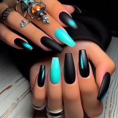 Black Summer Nails 2024, Turquoise And Black Nails, College Nails, Turquoise Nails, Sassy Nails, Fancy Nails Designs, Matte Nails Design, Her Nails, Dope Nail Designs