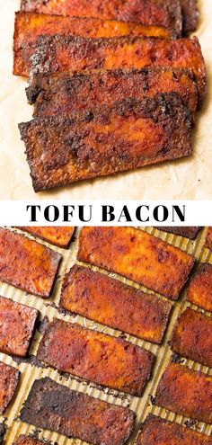 there are several different types of meat on the grill and one is grilled tofu bacon