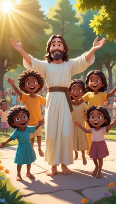 the jesus is surrounded by children in front of trees and sun shining down on them