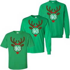 We are in love with this new Christmas tee design! Perfect for the Christmas season!  *6.0 oz., pre-shrunk 100% cotton *Double-needle stitched neckline and sleeves*Quarter-turned*Seamless seven-eighths inch collar*Taped neck and shoulders*Satin label*Rib cuffs Christmas Monogram Shirt, Reindeer Shirt, Monogram T Shirts, Christmas Monogram, Christmas Tees, Christmas Season, Christmas Shirt, Tee Design, Christmas Seasons